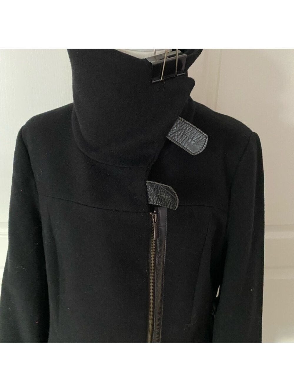 Jessie G Black Wool Coat with Faux Leather Belt & Trim/Women’s Size L - Picture 12 of 13